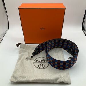 NEW Hermes Maxi Quadrille 50mm Brown Blue Checkard Purse Handbag Strap